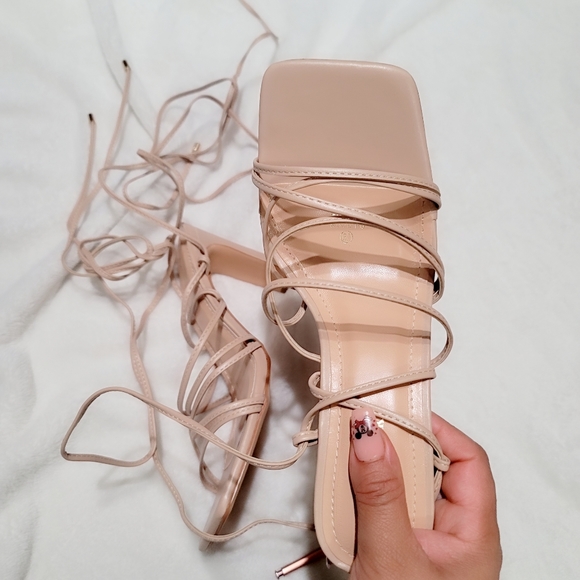 Square Toe Strappy Lace Up Mid Heel Sandal in Nude - Picture 4 of 8
